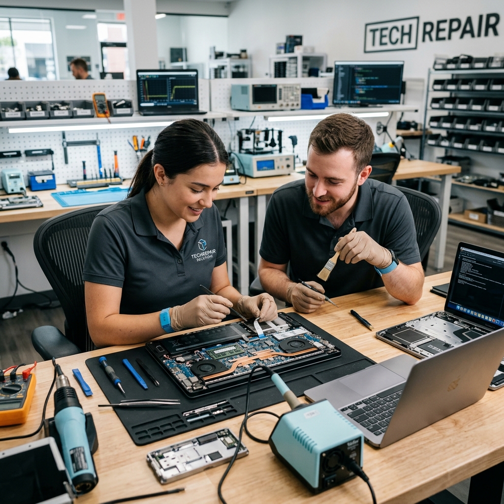 Técnicos especialistas trabajando en la reparación de notebook o portátiles en La Plata, SAR Informática